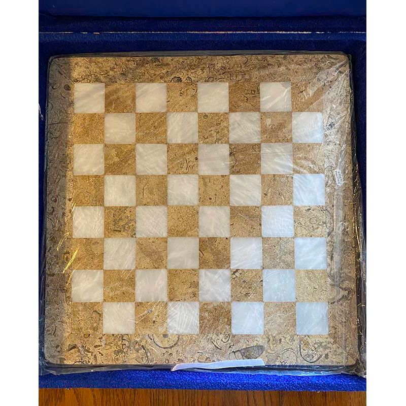 Brown & White Marble Chess Set with pieces in box